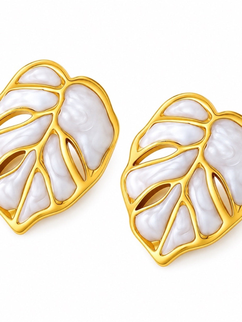 White Mother of Pearl Leaf Stud Earrings Gold Tone Tropical Statement Jewelry